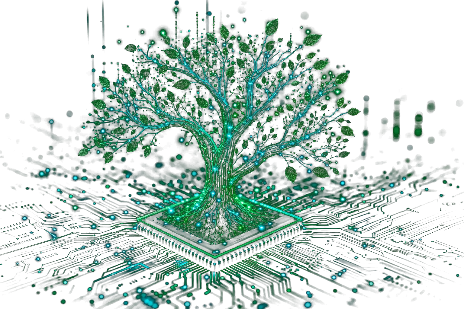 Digitale Infrastruktur für Umweltschutz: leuchtender Schaltkreis-Baum auf einem Mikrochip